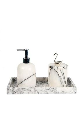 Dekoratif Leylak Mermer Gümüş Sılver Kuğu Detaylı Dikdortgen Tepsı 3 Lu Banyo Seti Takımı LEYLAK3KUGUSILVERDIKDORTGEN