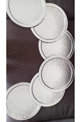 6'lı Çelik Gümüş Yuvarlak Kabartmalı Servis Sunum Çay Kahve Tepsisi 32 cm TYC00513804330
