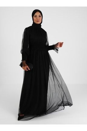 Bel Ve Kol Uçları Gipe Detaylı Tesettür Abiye Elbise - Siyah - 8149516