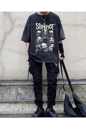 Rock Serisi Yıkamalı Slipknot Eskitme Unisex T-shirt Rockslıpknot
