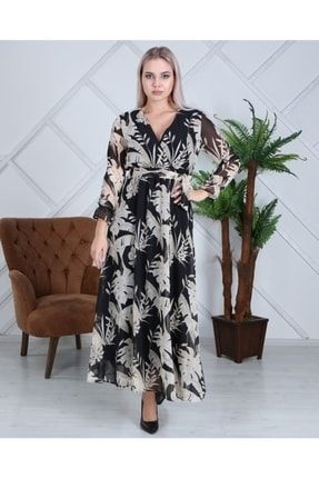 Çiçek Desenli Uzun Şifon Elbise 1008