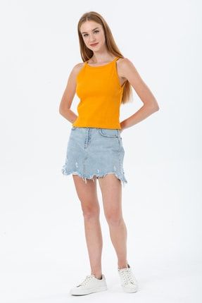 Kadın Oranj Kaşkorse Kolsuz Crop Bluz 3503T