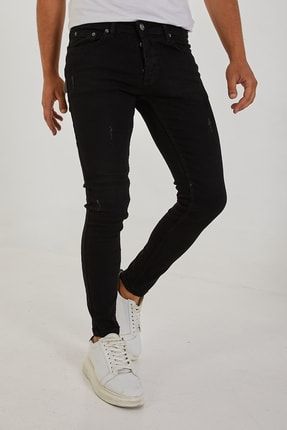 Erkek Siyah Slim Fit Likralı Dar Paça Lazerli Kot Pantolon ME-608