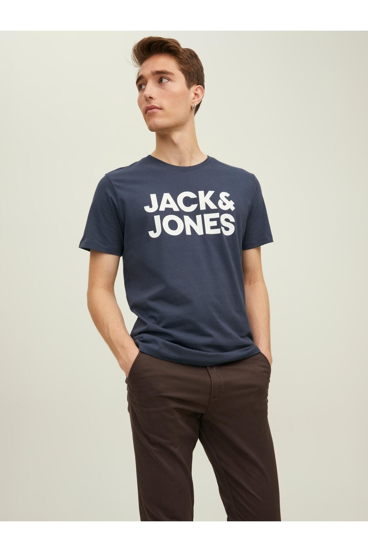جک اند جونز تی شرت آبی مردانه یقه O Noos 12151955-07 لوگوی Jack Jones Corp
