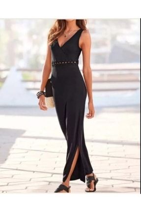 Siyah Kruvaze Yaka Kalın Askılı Beli Dantel Detay Yandan Yırtmaçlı Uzun Maksi Elbise elbise1