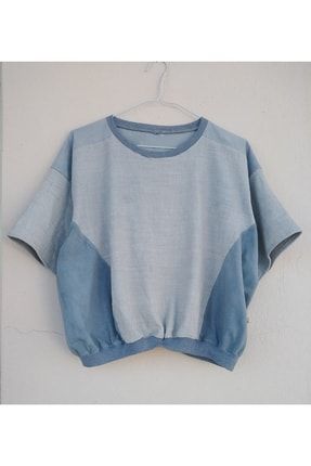 Tasarım Elboyama Batik Gri Mavi Yarım Kol Oversize Crop Penye Dokulu Kumaş Mix Tshirt LV-0176-6