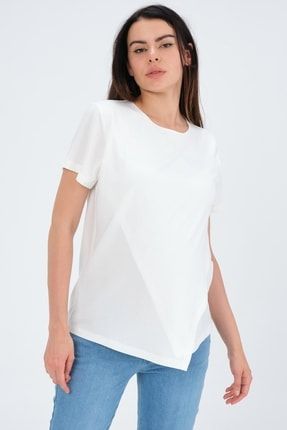 Hamile Asimetrik Kesim Emzirme Detaylı Kısa Kollu T-shirt Beyaz 7443