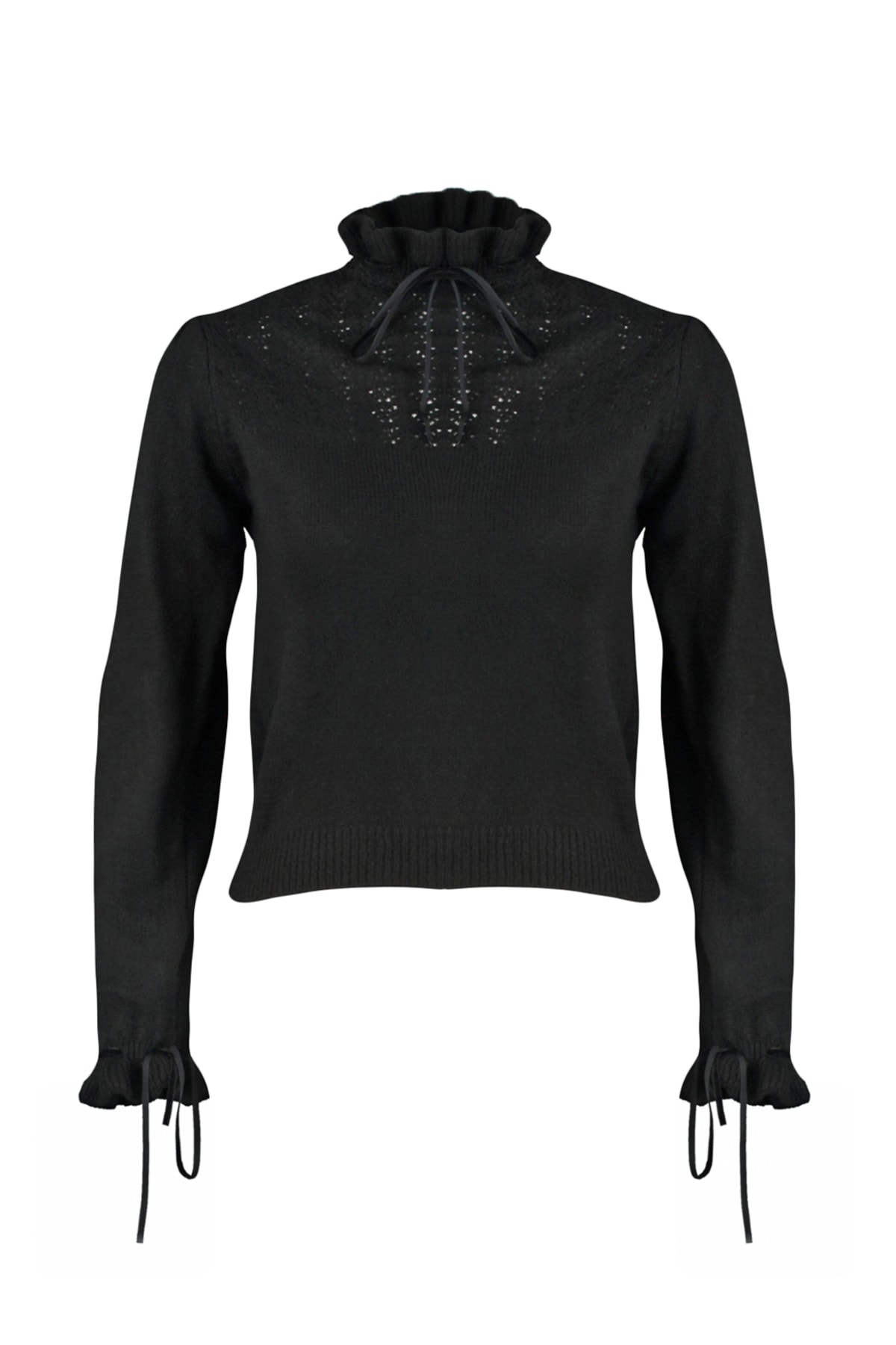 Trendyolmilla  Siyah Yumuşak Dokulu Ajurlu/Delikli Kurdele/Fiyonk Detaylı Triko Kazak TWOAW21KZ2355 - Görsel 6