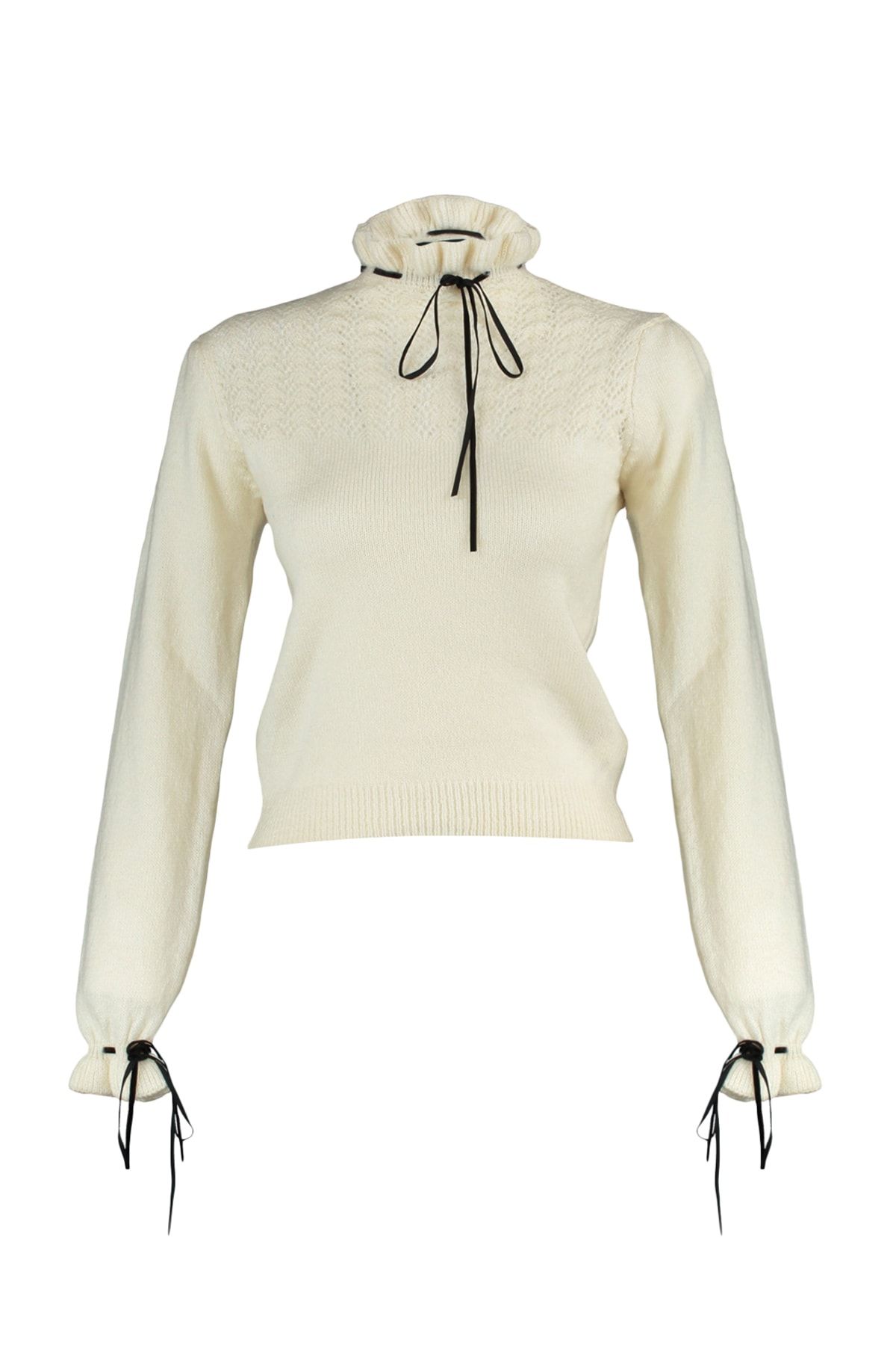 Trendyol Collection-Soft Textured Ecru Knitwear Sweater - Openwork, Hole Ribbon and Bow Detail Twoaw21Kz2355 6