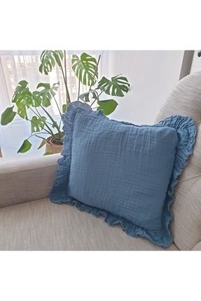 Organik Gots Sertifikalı Fırfırlı Müslin Kumaş Kırlent Kılıfı 43x43 Indigo Mavi TYC00512629668