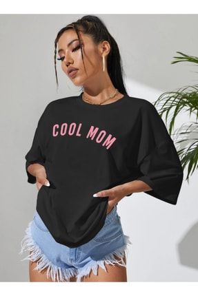 Kadın Siyah Cool Mom Baskılı Oversize T-shirt coolmom-