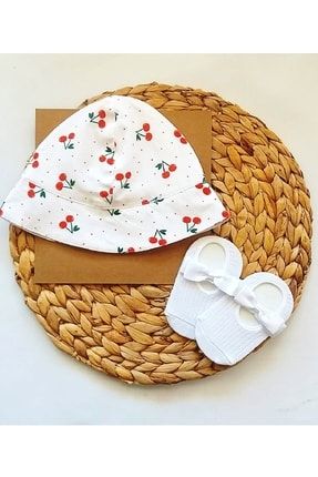 Kız Bebek Kiraz Desenli Yazlık Şapka Ve Babet Çorap Kombini PANSPKYSET01