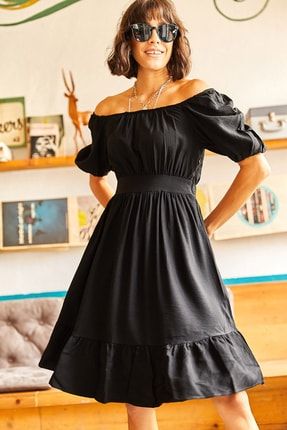 Kadın Siyah Carmen Yaka Balon Kol Mini Keten Dokuma Elbise ELB-19001780