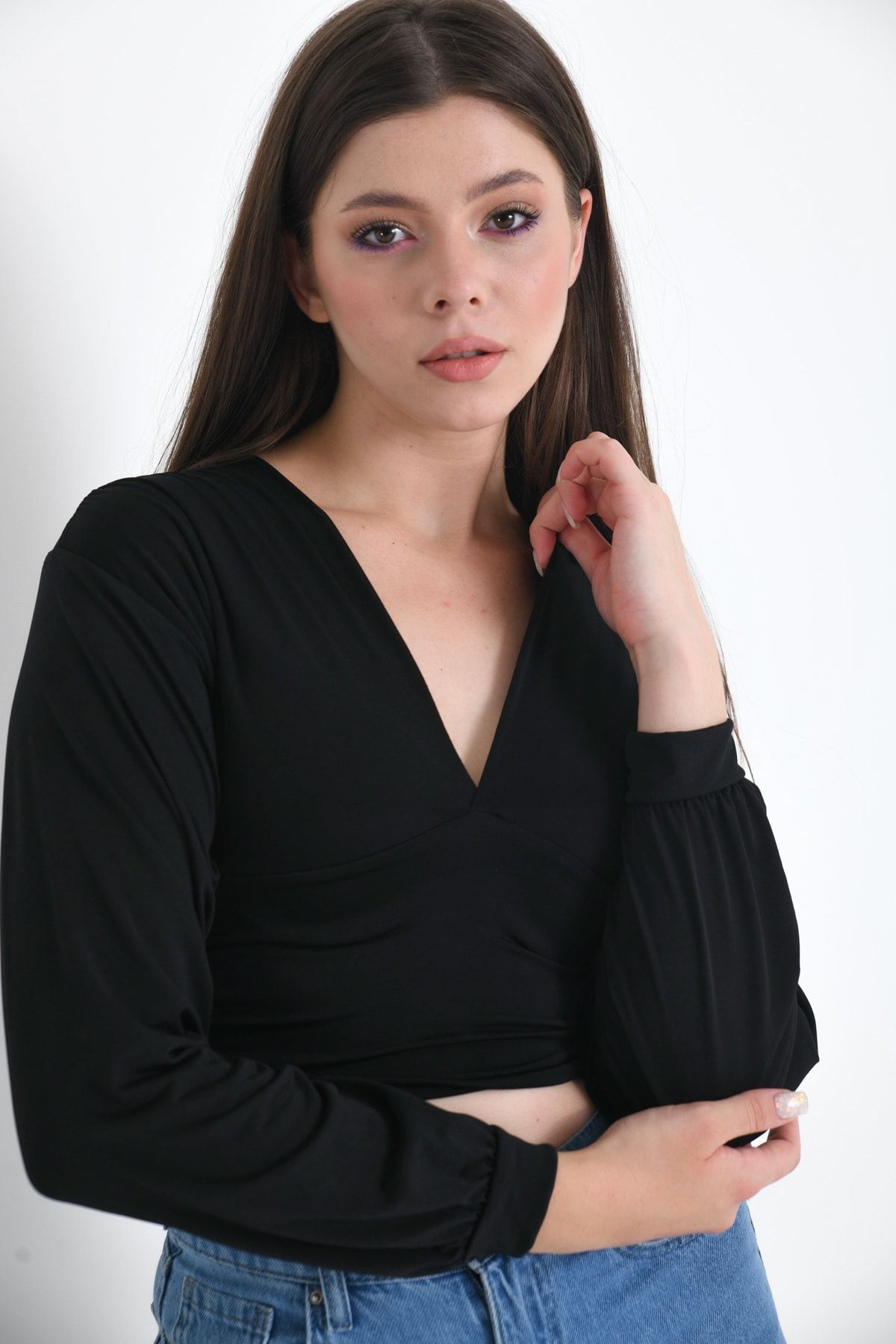 Deep v neck long on sale sleeve