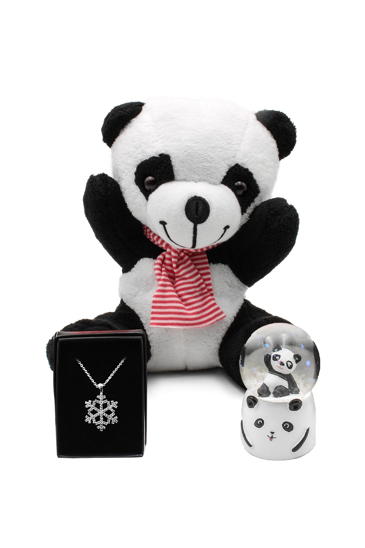 Sweet Plush Panda & Illuminated Mini Panda Snow Globe & Snowflake Necklace Gift Set