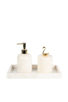 Dekoratif Beyaz Mermer Altın Gold Kuğu Detaylı Dikdortgen Tepsı 3 Lu Banyo Seti Takımı BEYAZGOLDKUGU3