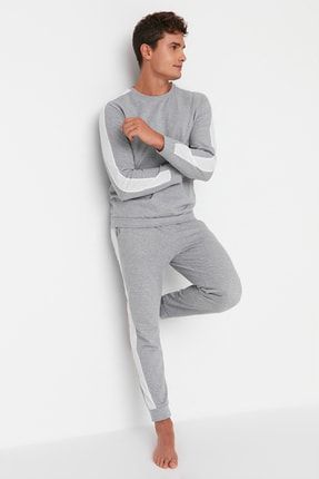 Erkek Gri Regular Fit Color Blok Detaylı Örme Pijama Takımı THMAW21PT0368
