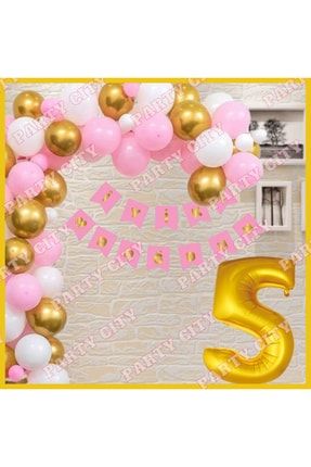Pembe -gold Konsepti 5 Yaş Doğum Günü Parti Kutlama Seti PS00391