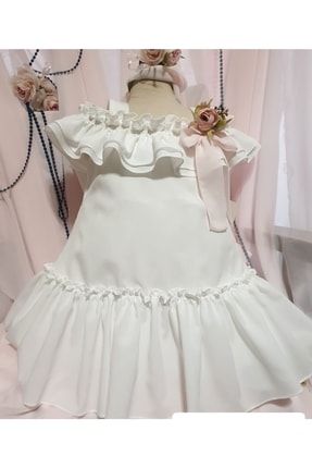Fırfır Detaylı Açık Omuzlu Beyaz Kız Çocuk Abiye Elbise A109