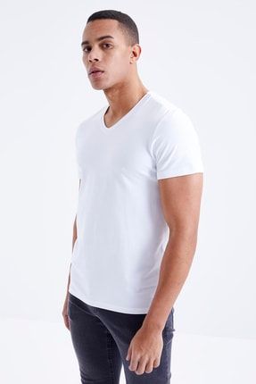 Beyaz Erkek Basic Kısa Kol Standart Kalıp V Yaka T-shirt - 87912 T10ER-87912