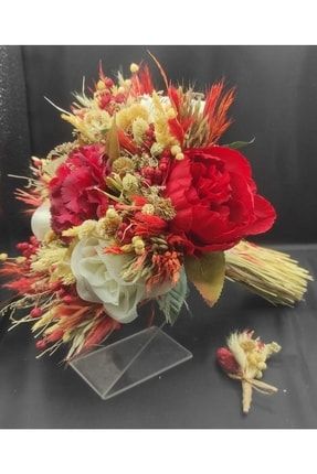 Kuru Çiçekli Gelin Buketi | Kırmızı | Damat Yaka Çiçeği Hediyeli bgm00004