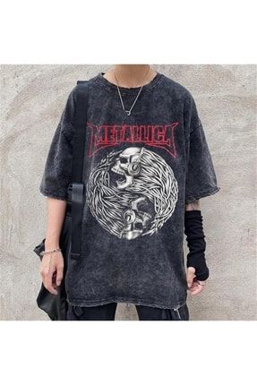 Rock Serisi Yıkamalı Unisex Metallica Eskitme T-shirt 2safga23