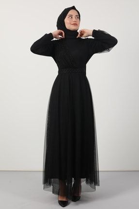 Çapraz Boncuk Detay Tül Elbise Siyah 4212060