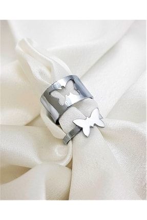 Gümüş Kaplama Ayarlanabilir Kelebek Figür Arkadaş Sevgili Çift Yüzüğü çiftyüzükkelebek
