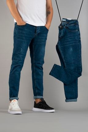 Erkek Slim Fit Likralı Tırnaklı Kot Pantolon Mavi TRE-5465L-138