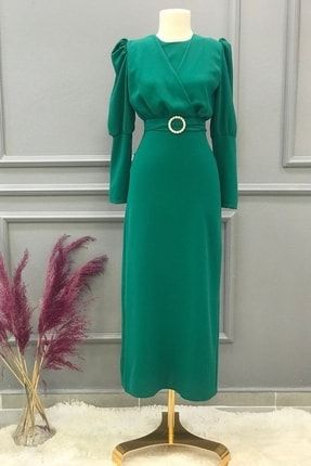 Önü Çapraz Detay Balon Kol Kalem Elbise-ge5110-zümrüt Yeşili ELB3776