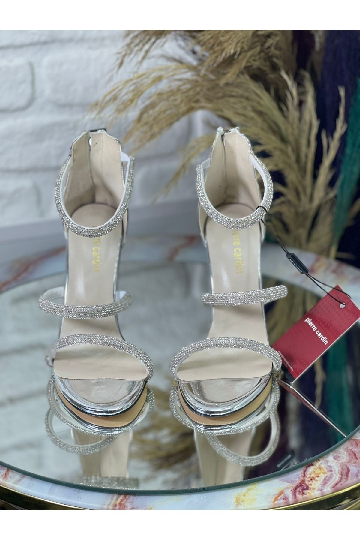 Pierre Cardin Gümüş Bantlı Taşlı Kadın Topuklu Abiye Ayakkabı
