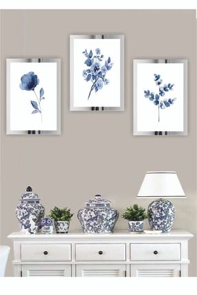 3 Parça Mavi Çiçek Ev Dekorasyon Pleksi Çerçeveli Aynalı Parlak Dekor Mdf Çoklu Tablo Set 619