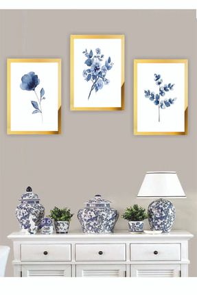 3 Parça Mavi Çiçek Ev Dekarasyon Pleksi Çerçeveli Aynalı Parlak Dekor Mdf Çoklu Tablo Set 619