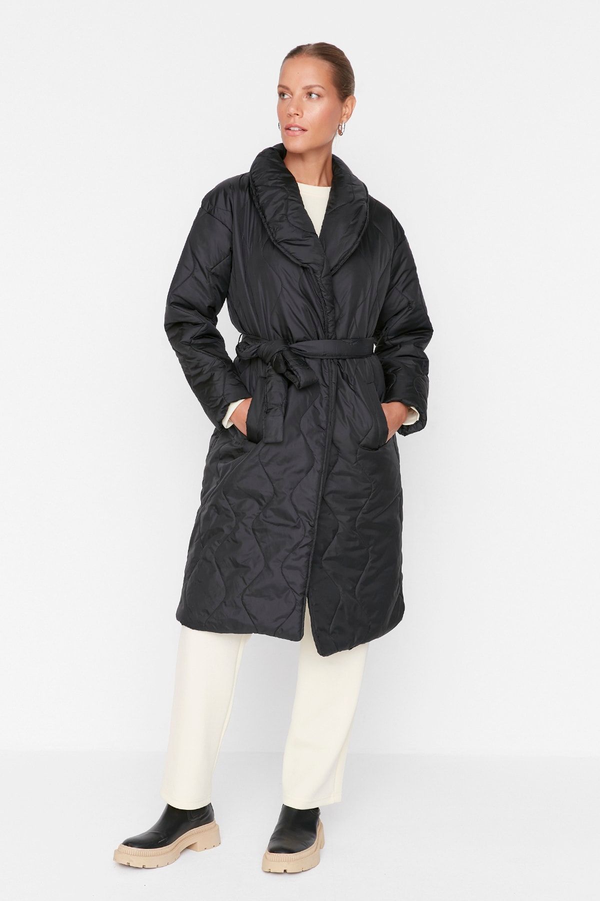 Black belted quilted coat top