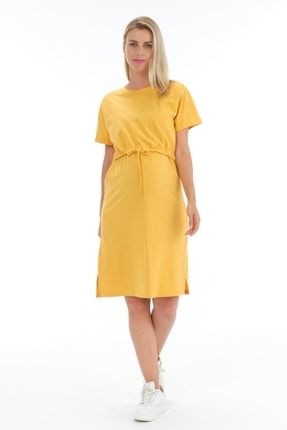 Hamile Emzirme Detaylı Önden Bağcıklı Yan Yırtmaçlı Kısa Kollu Elbise Sarı 7447