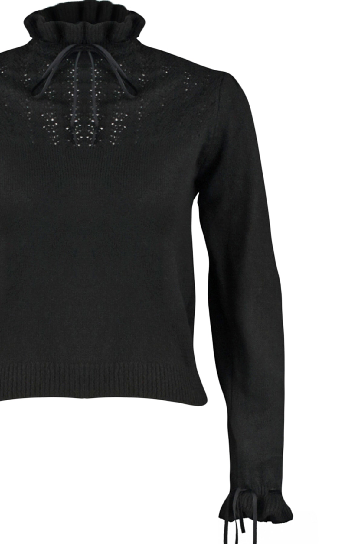 Trendyolmilla  Siyah Yumuşak Dokulu Ajurlu/Delikli Kurdele/Fiyonk Detaylı Triko Kazak TWOAW21KZ2355 - Görsel 8