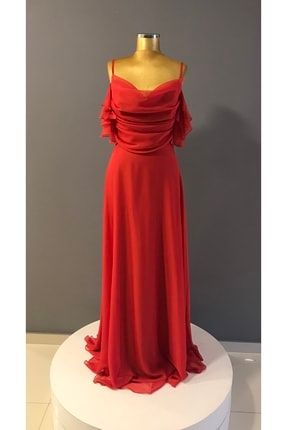 Kadın Mercan Kırmızı Organze Şifon Düşük Omuz Uzun Abiye Elbise Trendabiye K:66066/02 PROTO 66066