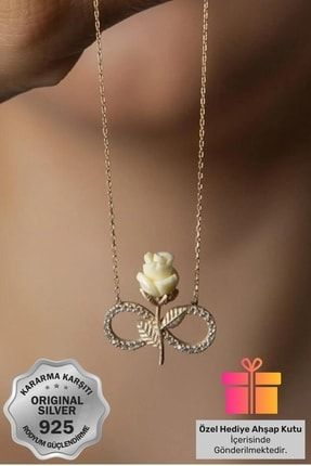 Beyaz Güllü Gümüş Rose Gold Sonsuzluk Kolyesi 925 Ayar Taşlı Gül Kolye Hediyelik İşareti Modeli Sevgiliye
