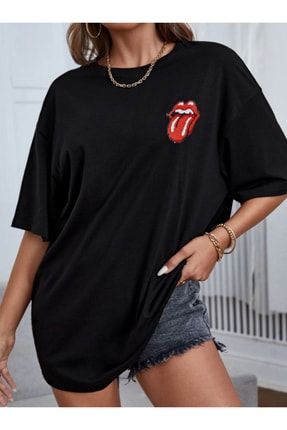 Kadın Siyah Red Lip Baskılı Oversize T-shirt redlip-