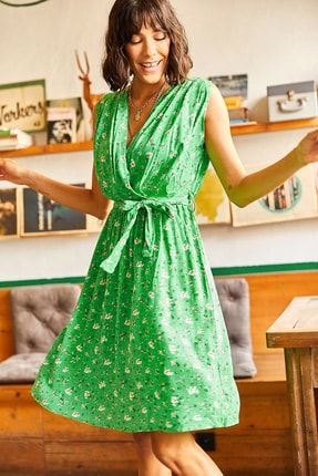 Kadın Yeşil Kruvaze Kuşaklı Dokuma Viskon Elbise ELB-19001740