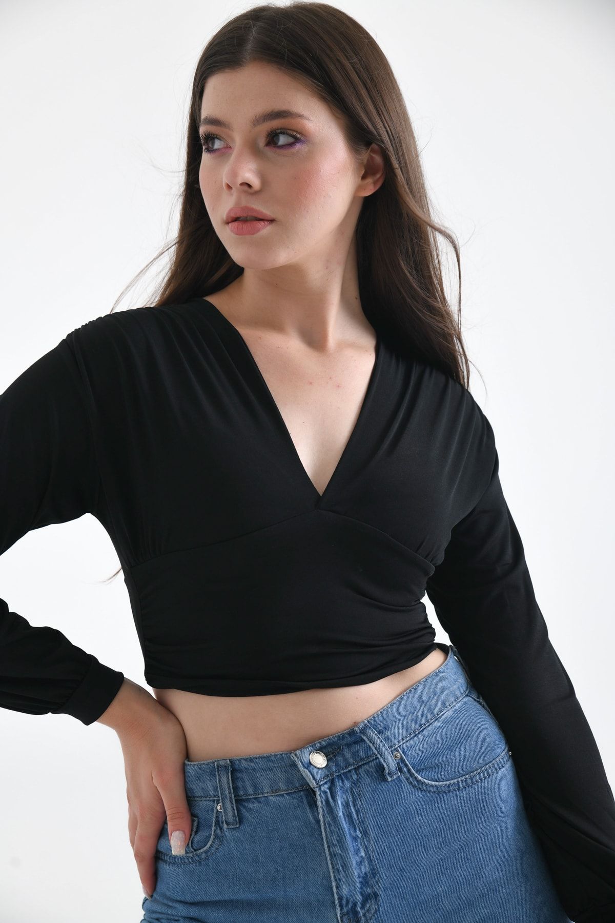 Deep v neck long sleeve top clearance