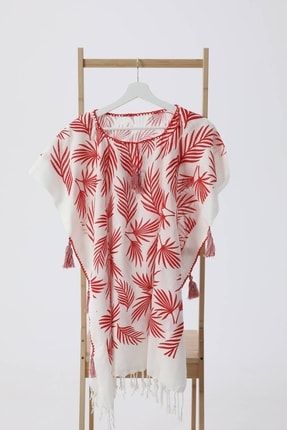 Yaprak Desenli Pareo Kadın Plaj Elbisesi - Kırmızı F1451