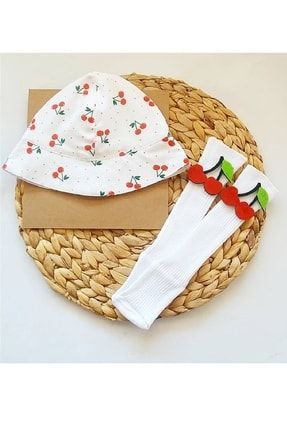 Kız Bebek Kiraz Desenli Yazlık Şapka Ve Diz Altı Çorap Kombini PANSPKYSET01