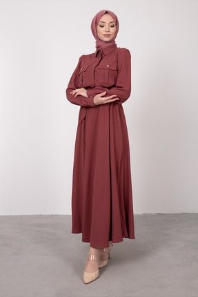 Önü Cepli Gömlek Yaka Tesettür Elbise Koyu Gül 5356-C