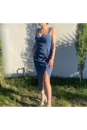 Yan Yırtmaçlı Elbise Mavi flow24