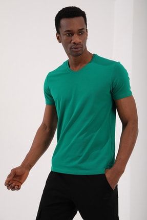 Koyu Yeşil Erkek Basic Kısa Kol Standart Kalıp V Yaka T-shirt - 87912 T10ER-87912