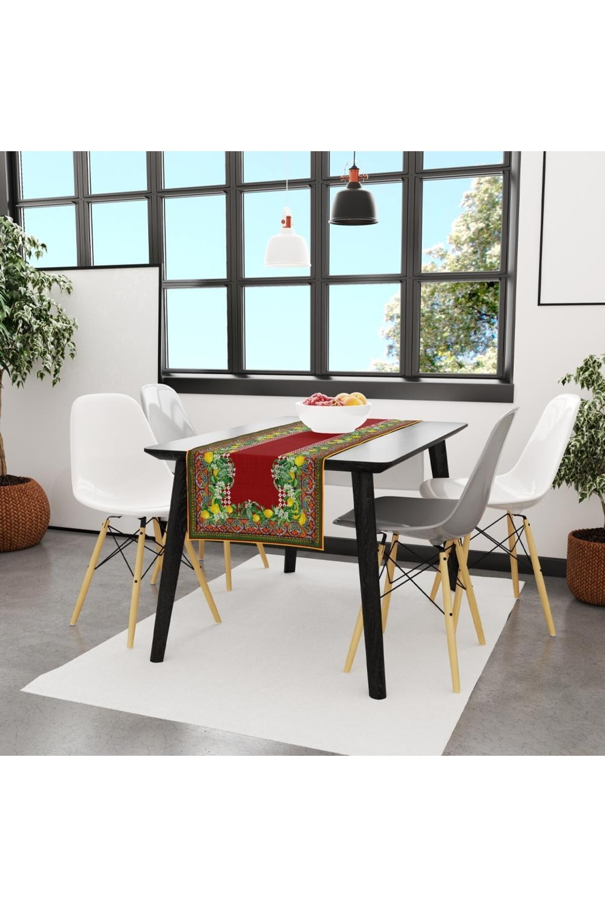Adawall Renkli Limon Desenli Runner 140x45cm ( Ince Keten, Uluslararası Yıkama Ve Solmama Sertifikası)