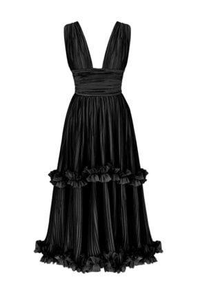 Lotus Siyah Şifon Fırfırlı Elbise TR318798