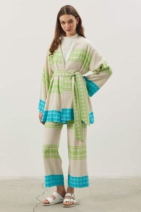 Etnik Kimono Takım - Mavi HY22438-MAVİ