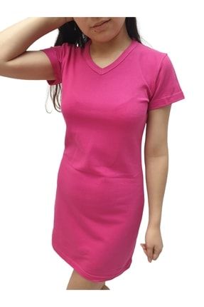 Fuşya Yazlık V Yaka Relax Kesim Diz Üstü Mini Basic T-shirt Elbise ULSTEKSYTE01